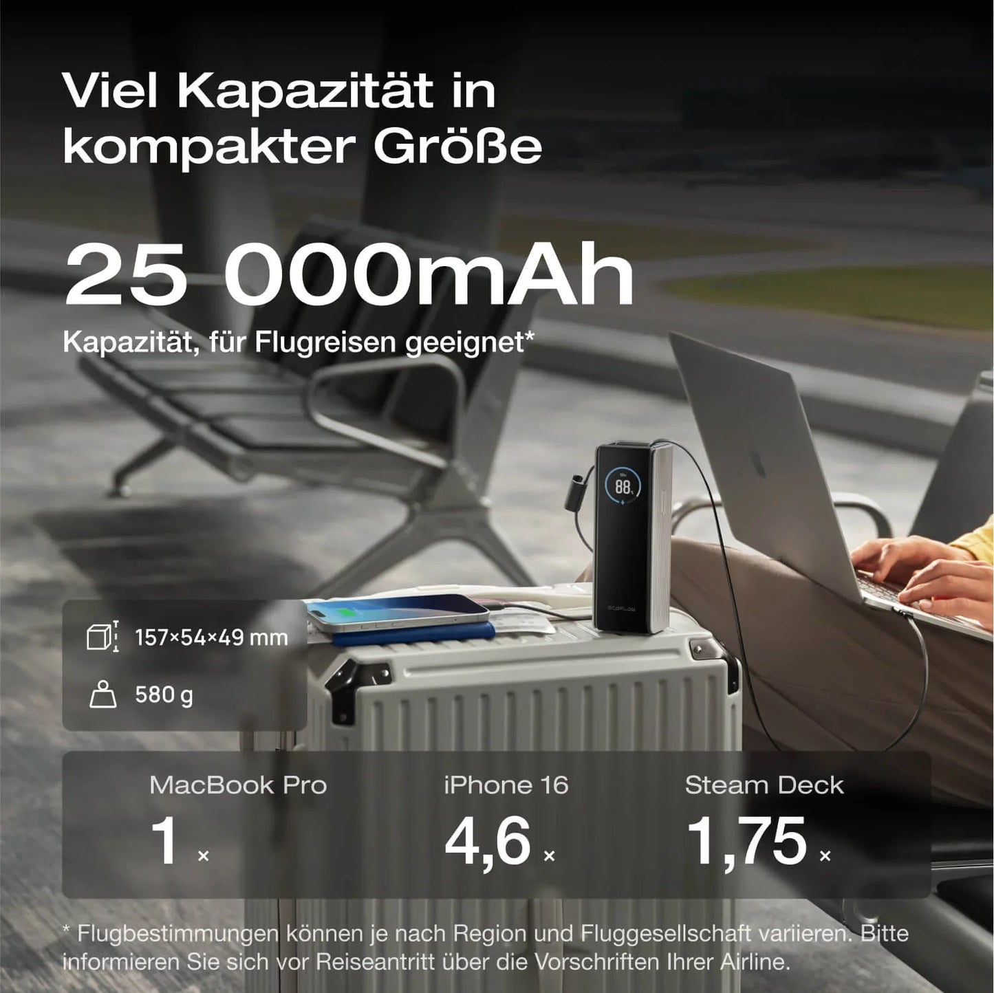 EcoFlow RAPID Powerbank 25'000 mAh schwarz | 140 W laden, bis zu 170 W entladen | + ausziehbares 100 W USB-C Kabel