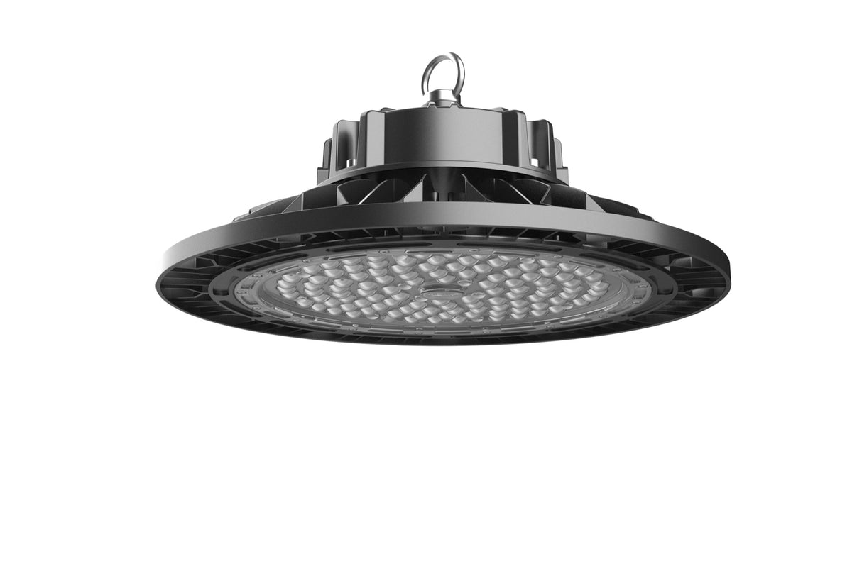 Jelektro LED Grossflächenleuchte 200 W in UFO-Bauform mit Aufhängebügel und Kühlrippen, Triac dimmbar für Hallen und Werkstätten